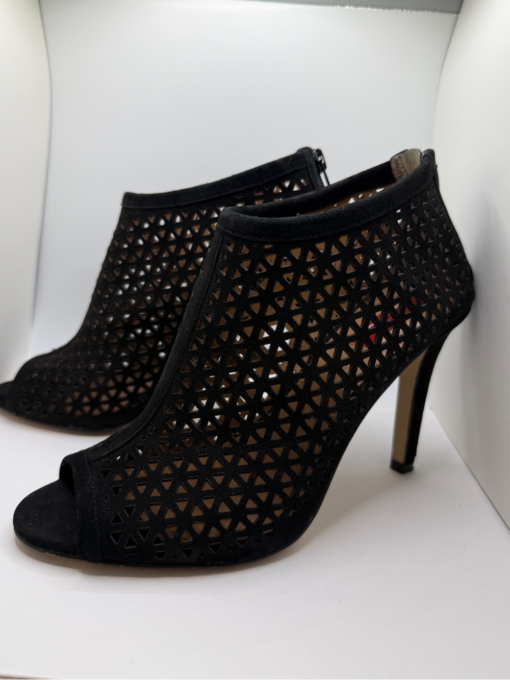 RED Saks Fifth Avenue Black Suede Laser Cut Peep Toe Booties 7.5